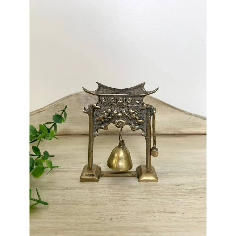 Vintage Lobeco Brass Pagoda Gong Miniature Bell With Striker Chinoiserie Decor